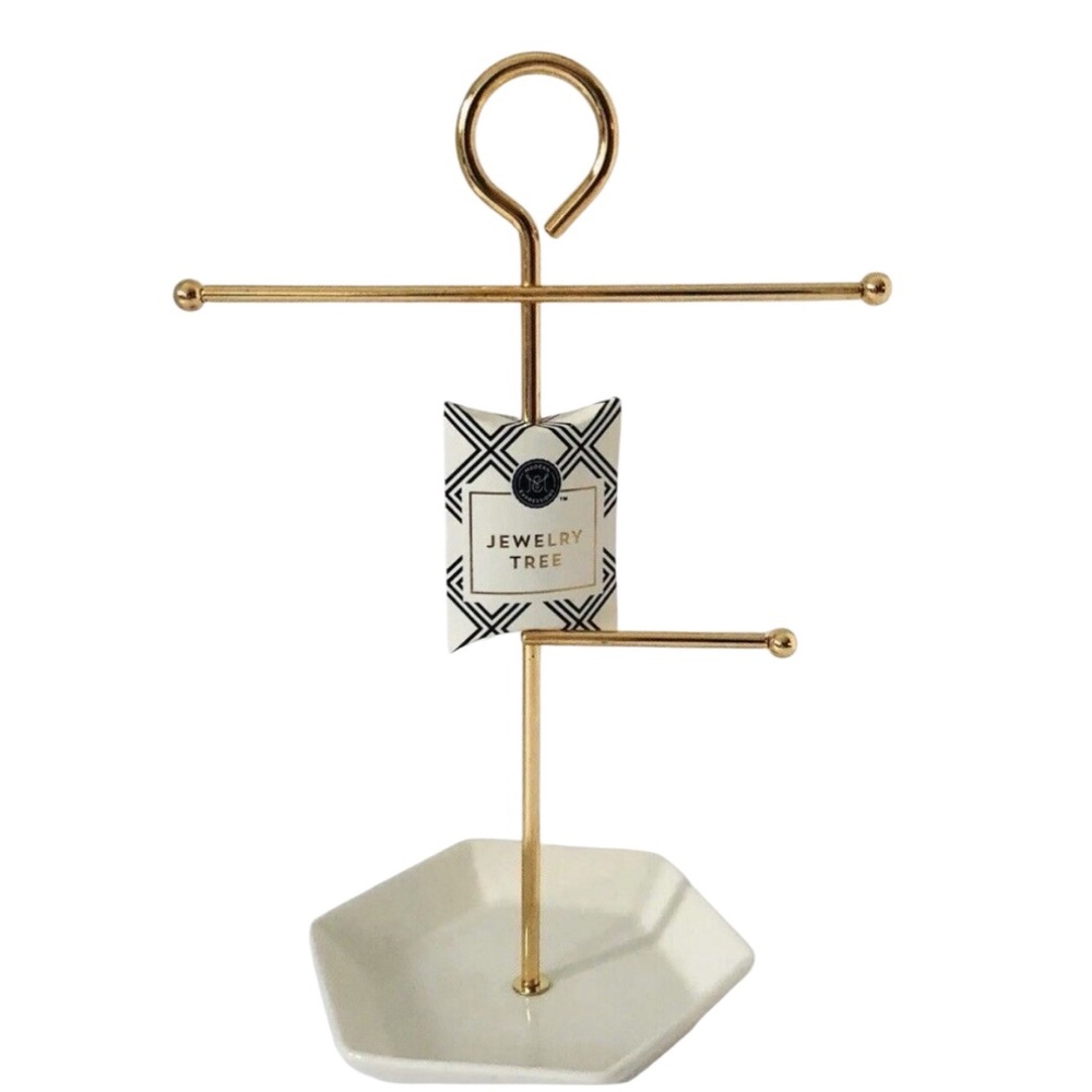 Jewelry Tree Gold and White Earring & Ring Stand with Cream Dish